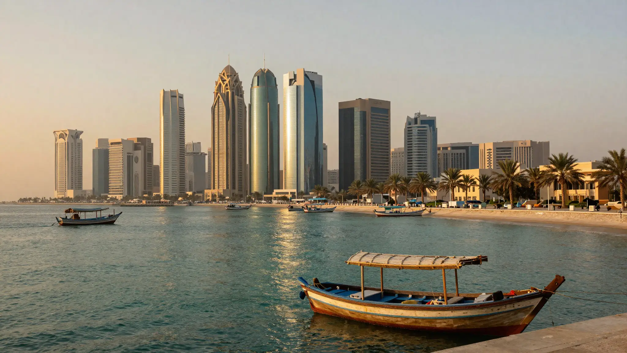 إطلالة على ساحل إمارة عجمان في دولة الإمارات مع مراكب الداو التقليدية والكورنيش المطلّ على الخليج العربي